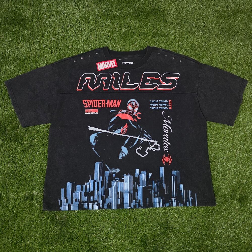 Marvel Spider-Man Premium Miles Morales New York Black Boxy Graphic Tee Size L